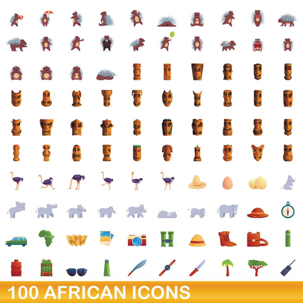 100 iconos africanos, estilo de dibujos animados vector