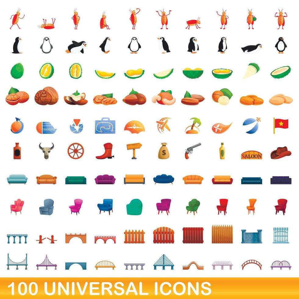 100 universal icons set, cartoon style vector