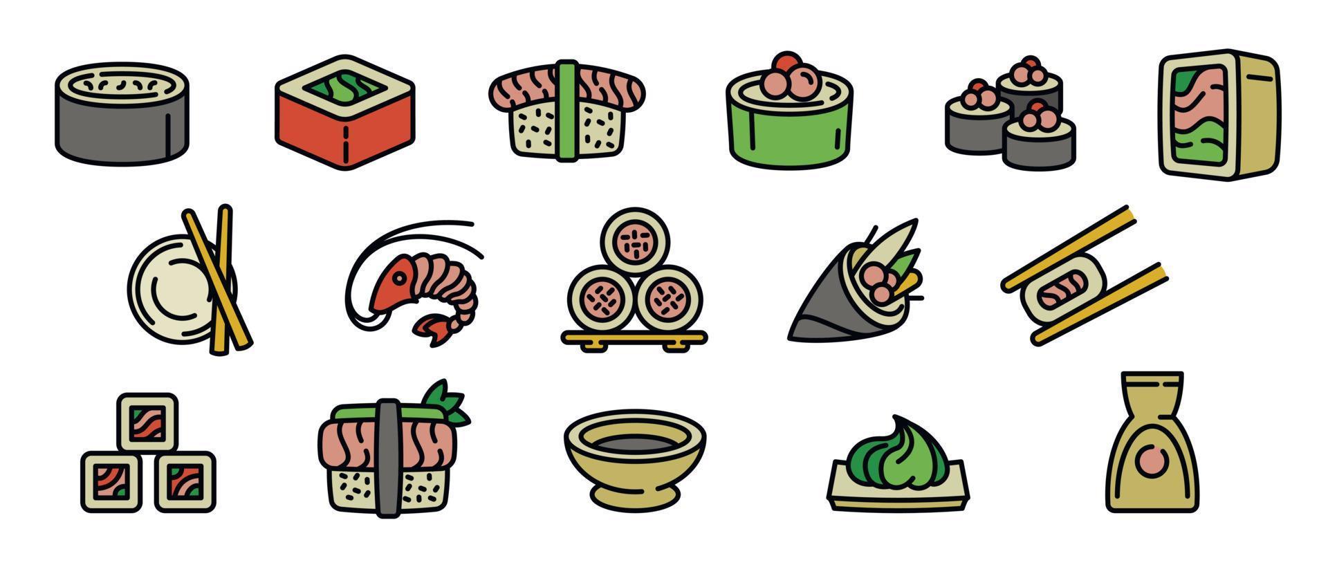 Sushi roll icons set, outline style vector
