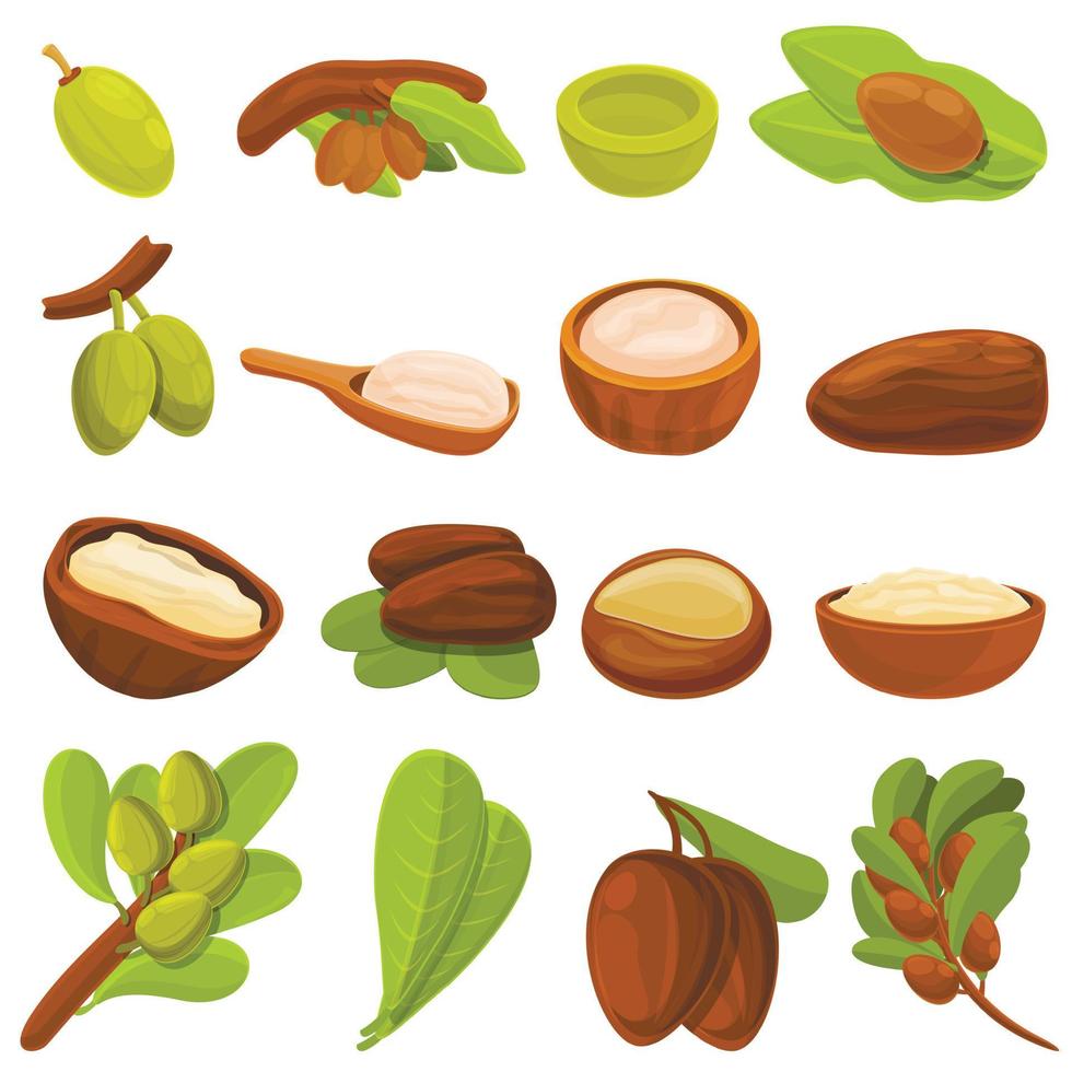 Shea tree icons set, cartoon style vector