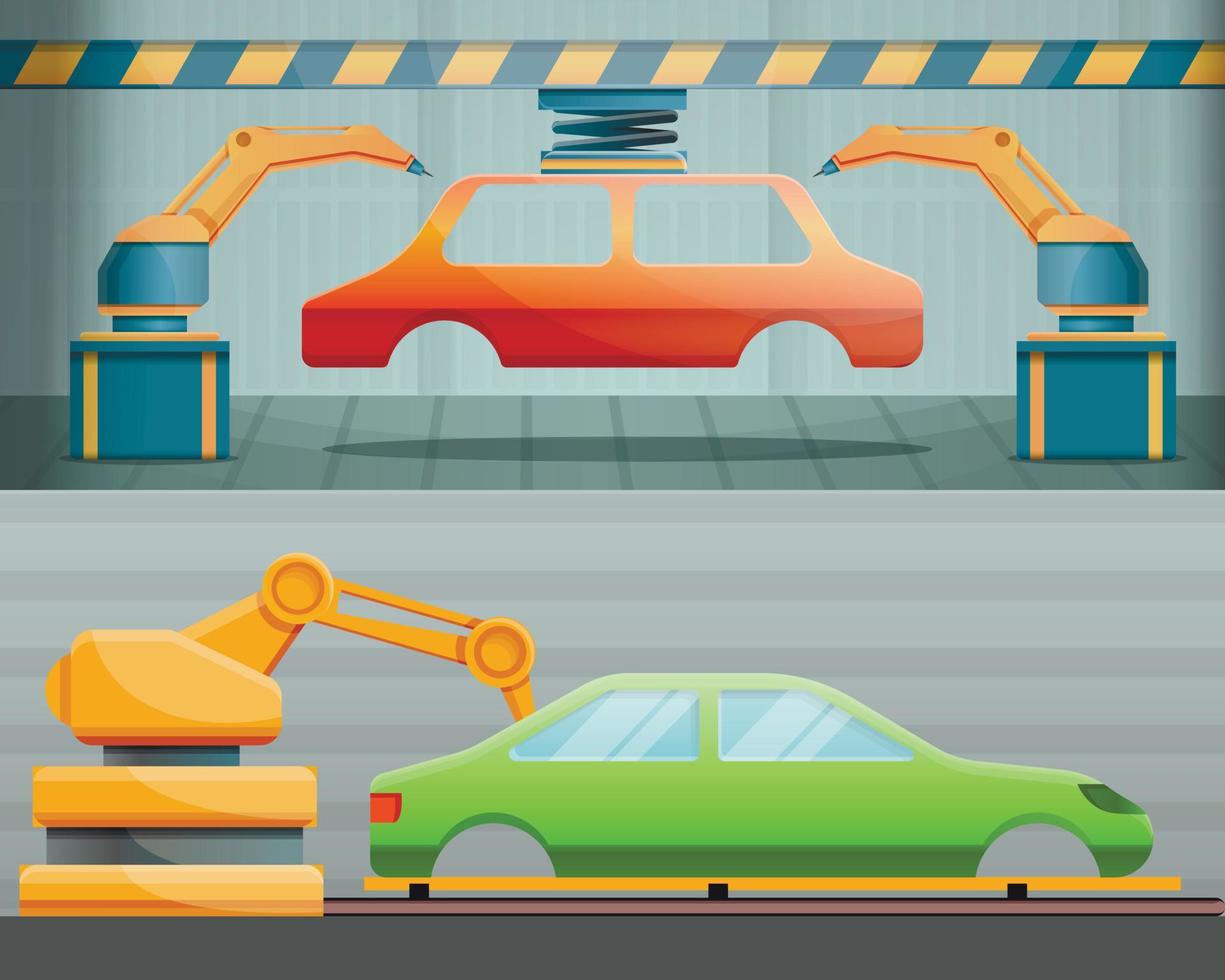 Car factory banner set, cartoon style vector