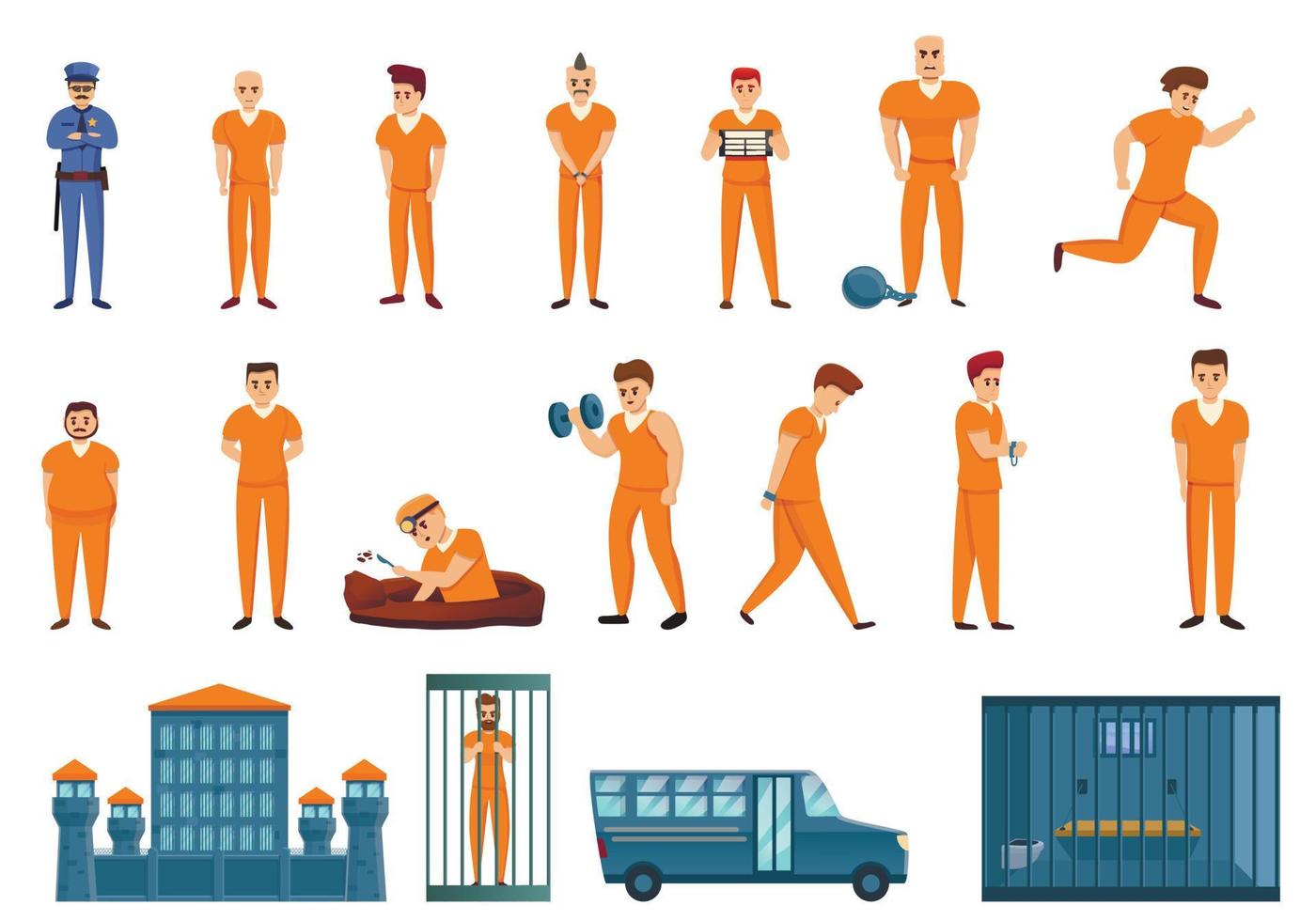 Prison icons set, cartoon style vector