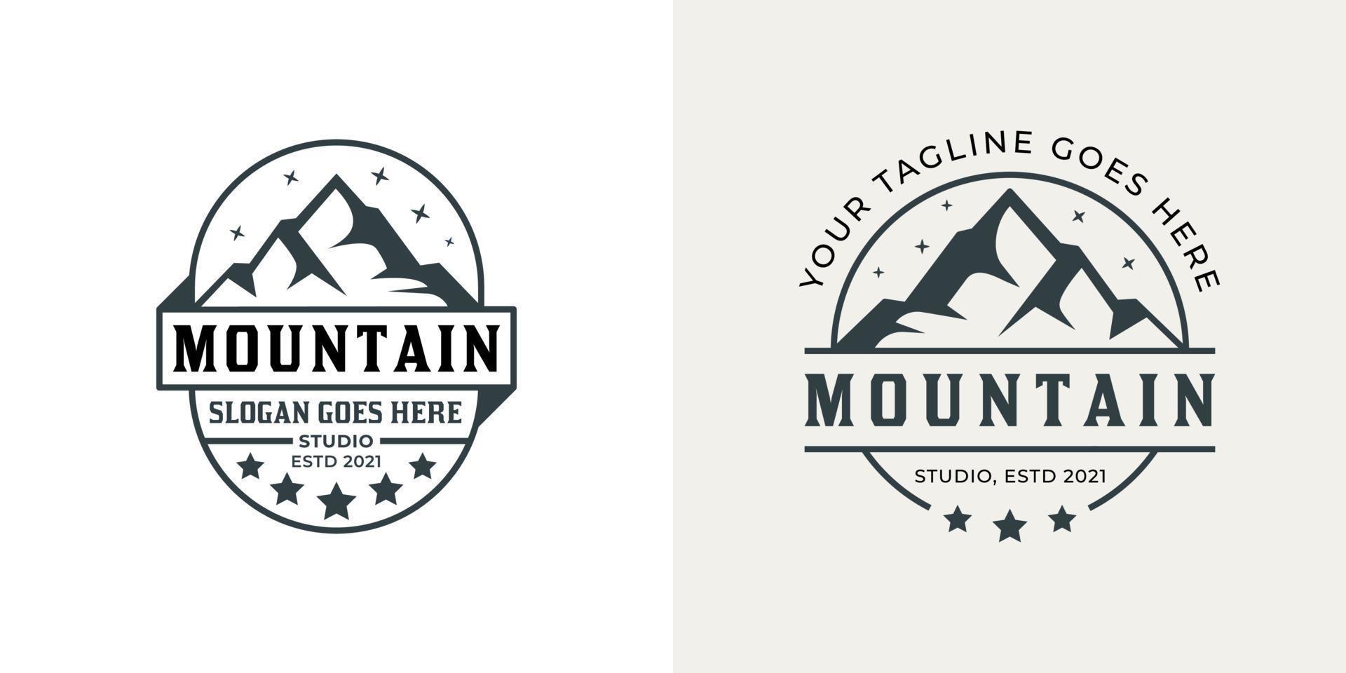 logotipo vintage del estudio de insignias de montaña para fotógrafo de paisajes, aventura, diseño de ilustración de escalador vector