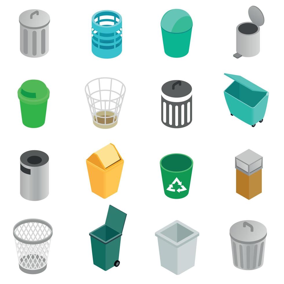 Trash can icons set, isometric 3d style vector