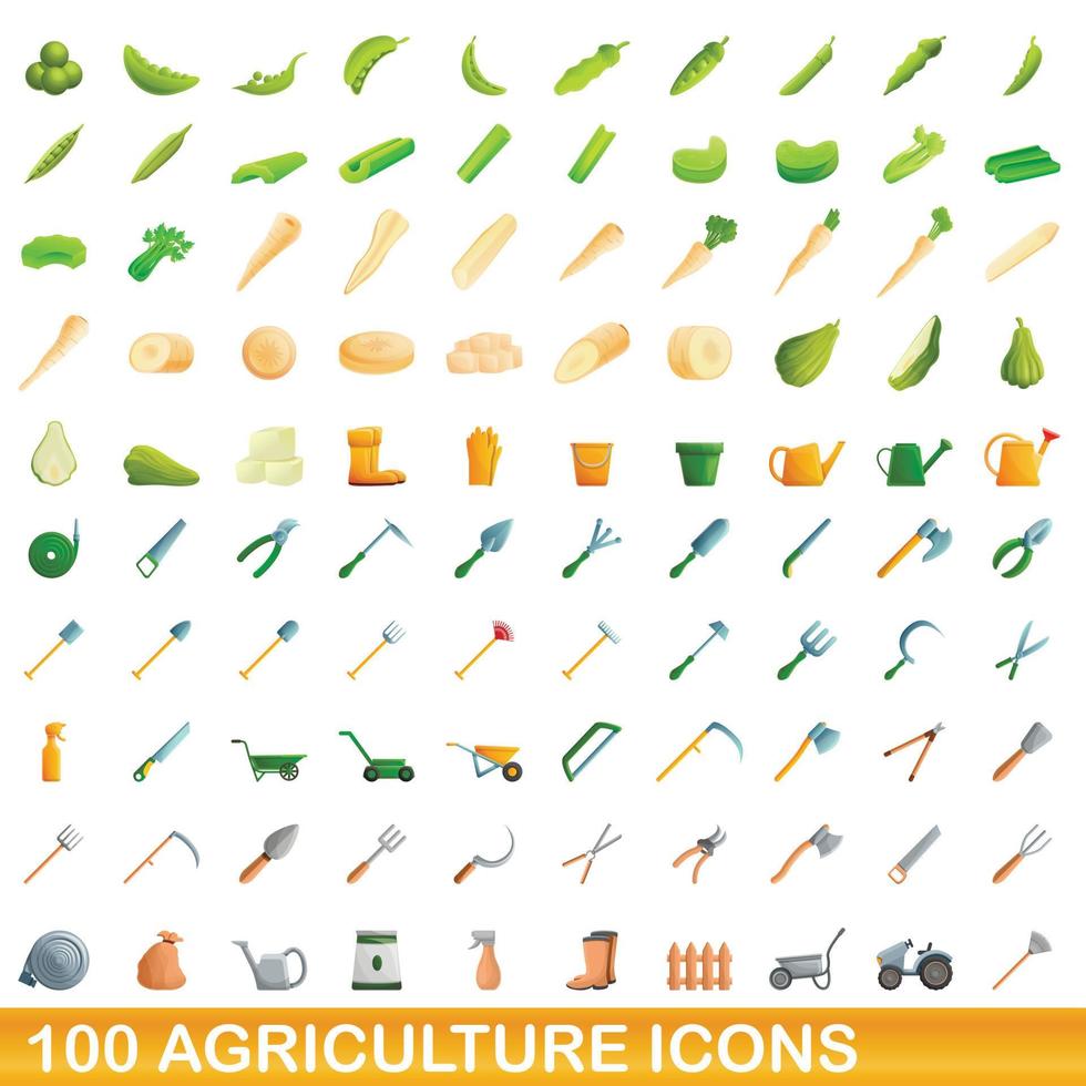 100 agriculture icons set, cartoon style vector