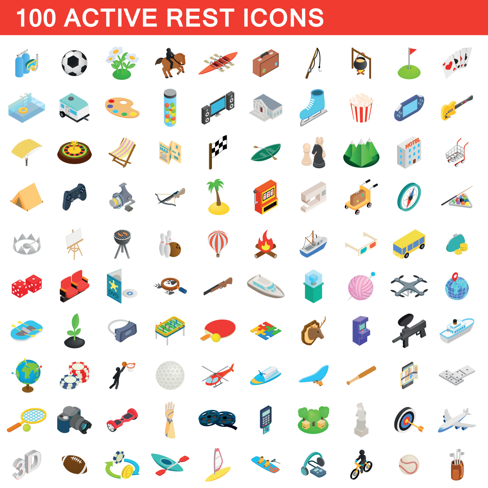 100 active rest icons set, isometric 3d style 8863597 Vector Art at ...