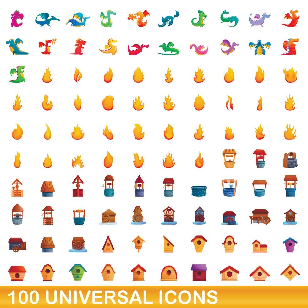 100 iconos universales, estilo de dibujos animados vector