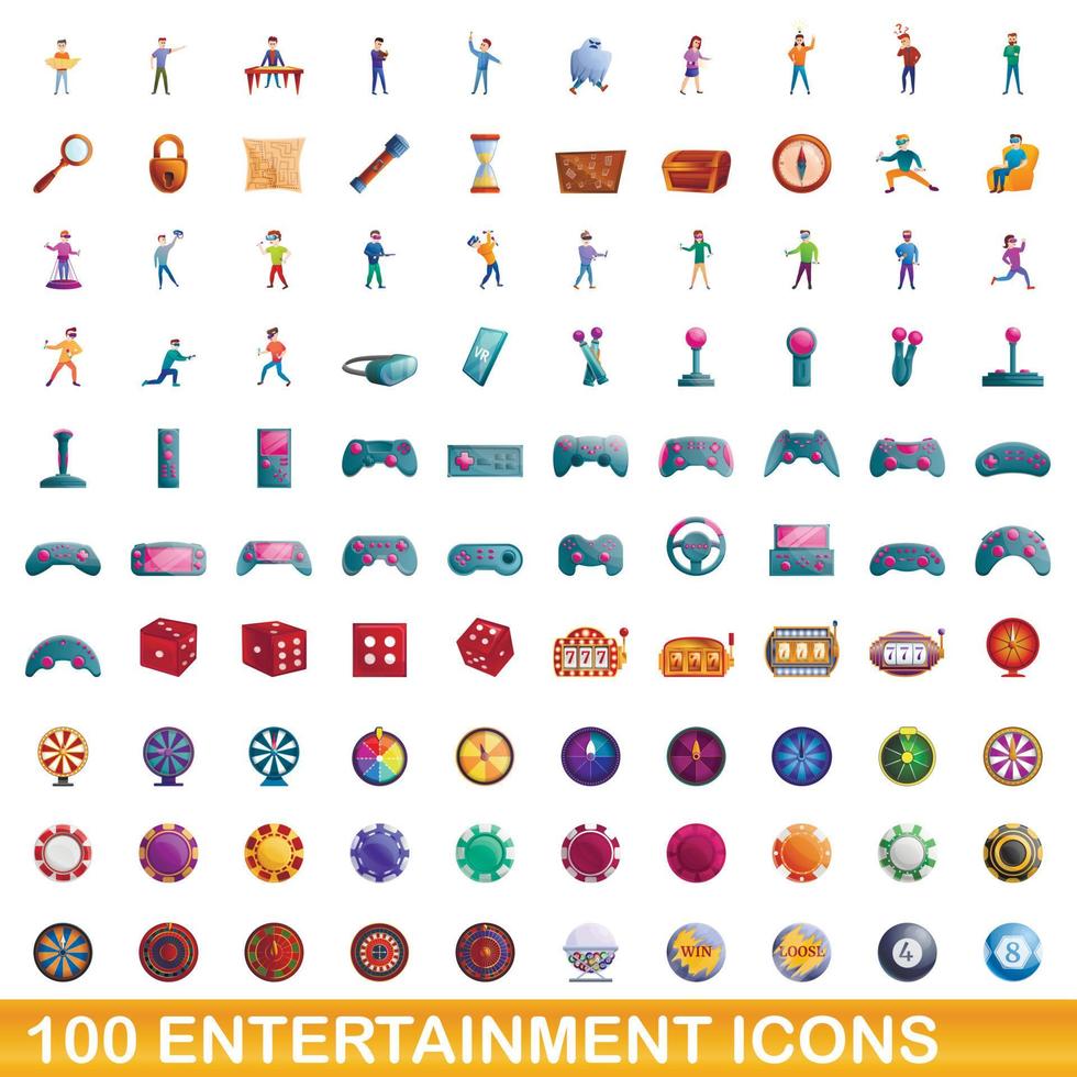 100 entertainment icons set, cartoon style vector