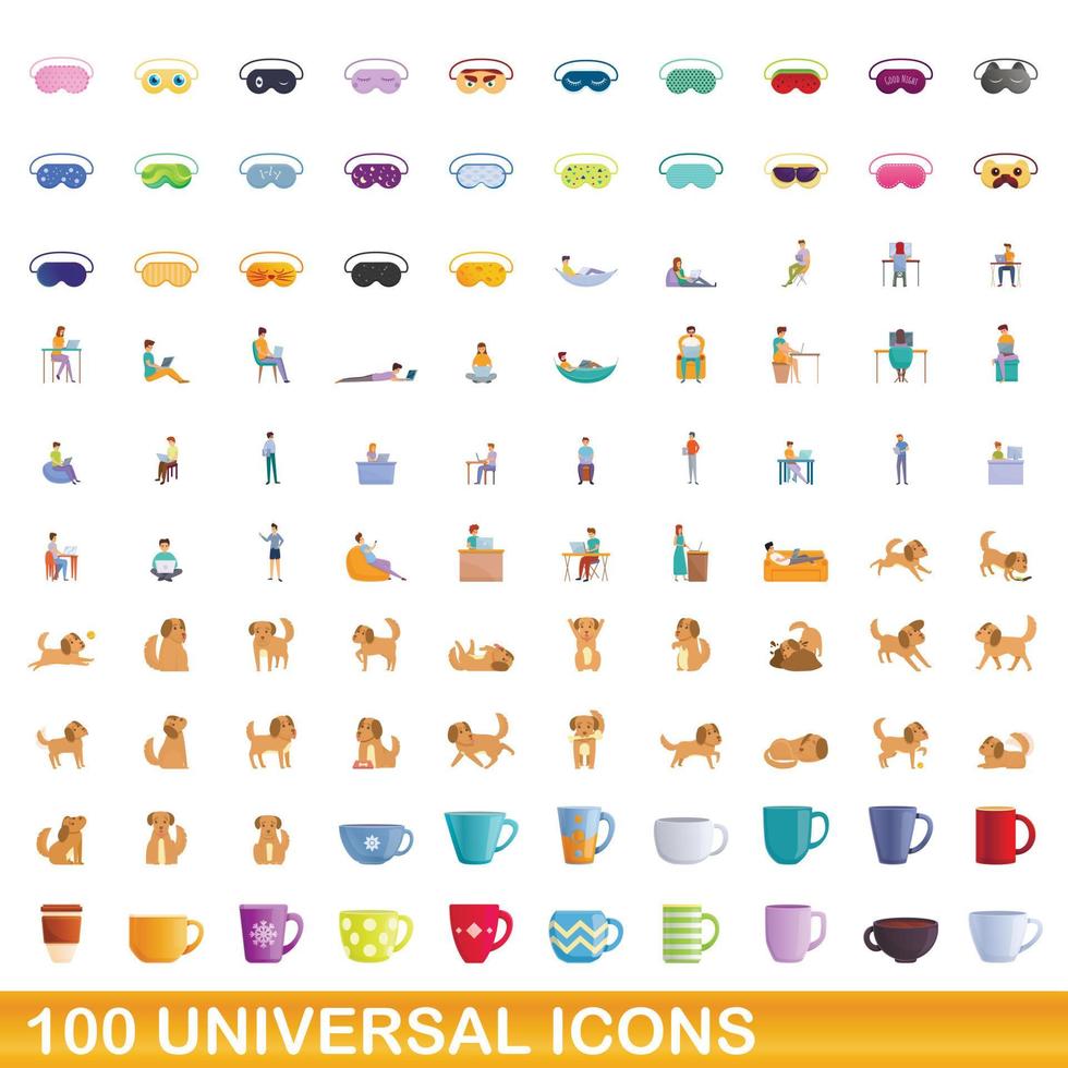 100 iconos universales, estilo de dibujos animados vector