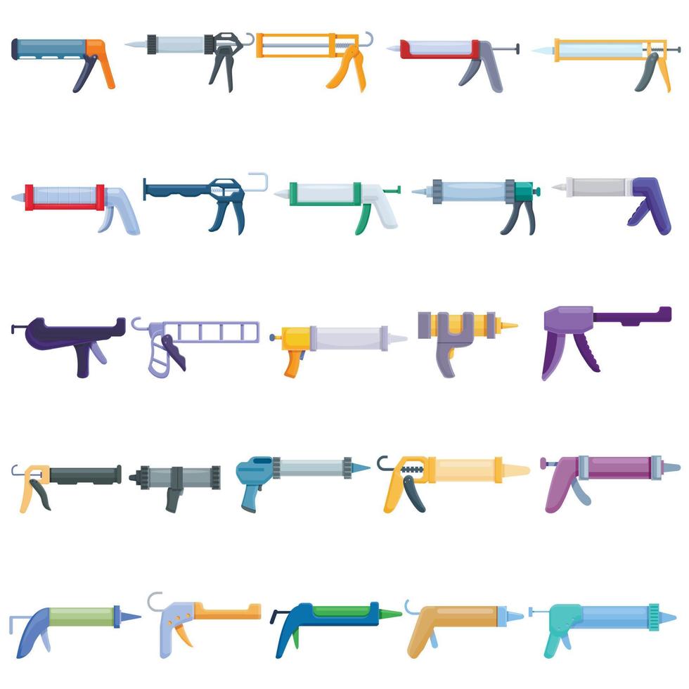 Silicone caulk gun icons set, cartoon style vector