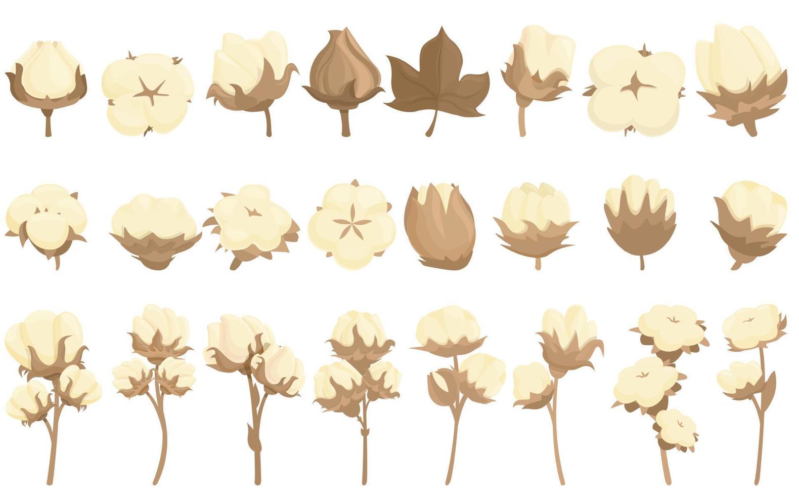Cotton icons set cartoon vector. Fabric flower vector