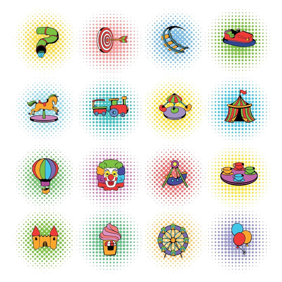 Amusement park set icons, comics style vector