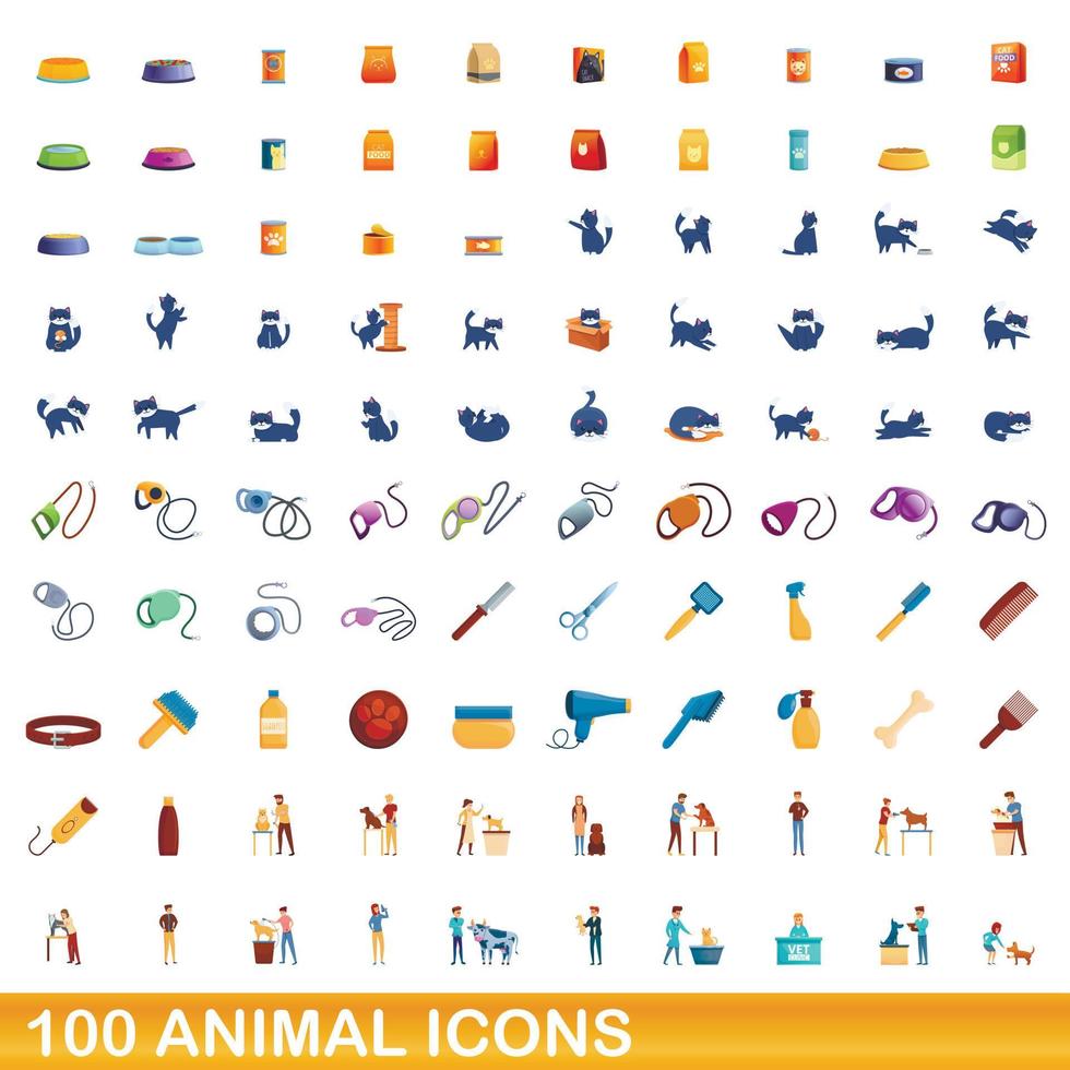 100 animal icons set, cartoon style vector