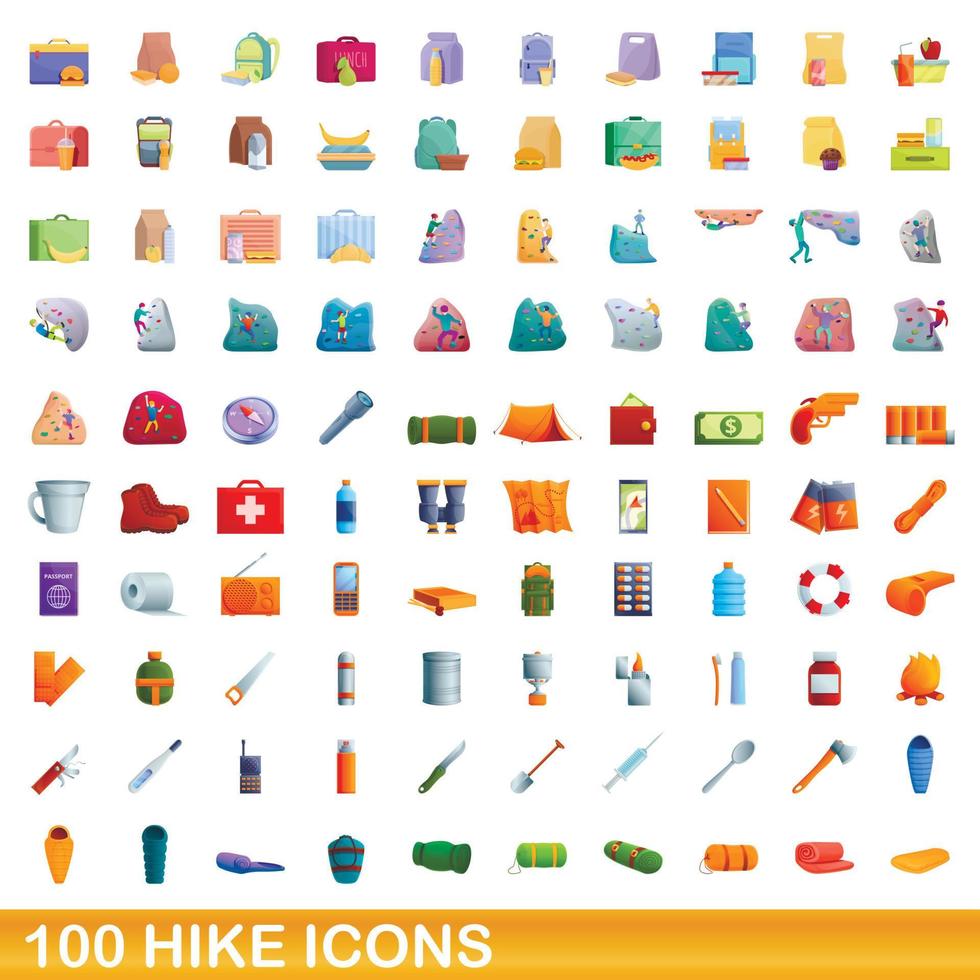 100 hike icons set, cartoon style vector