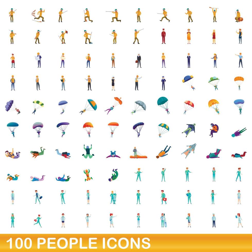 100 people icons set, cartoon style vector