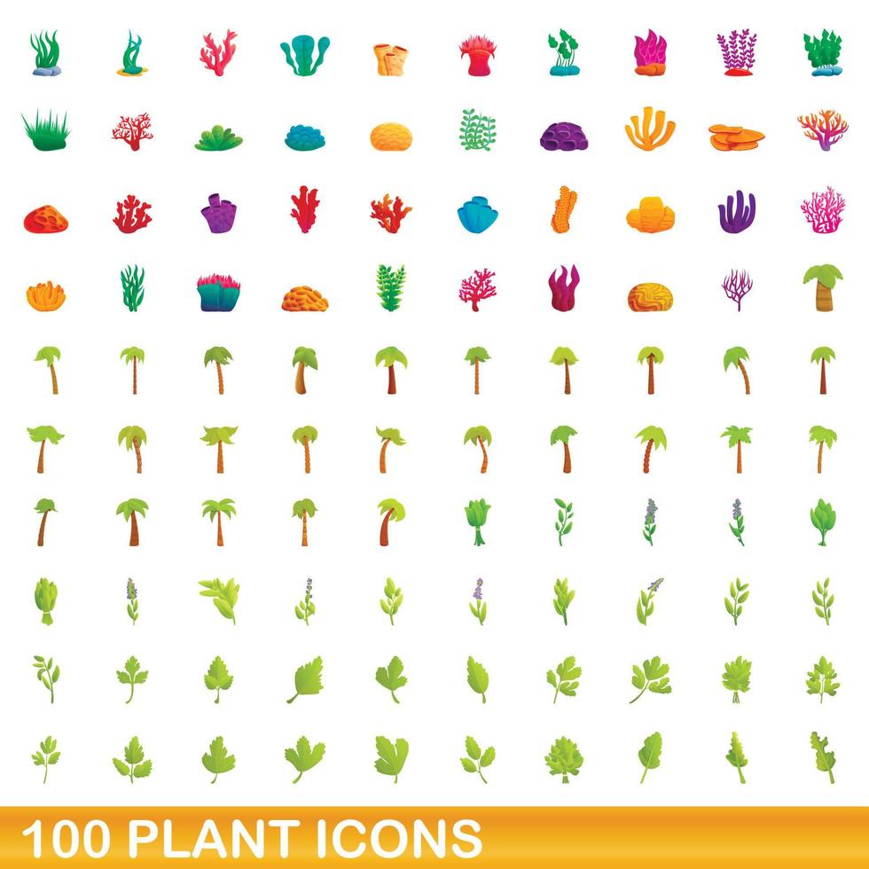 100 plant icons set, cartoon style vector