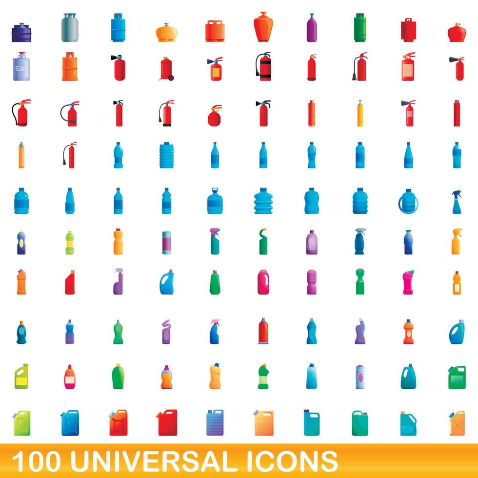 100 universal icons set, cartoon style vector