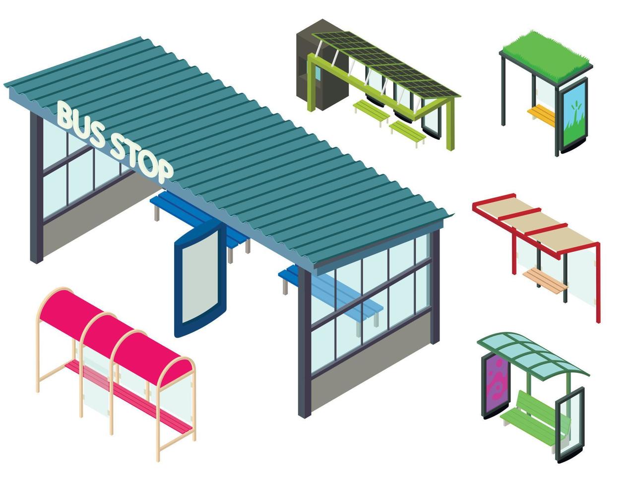 Bus stop icons set, isometric style vector