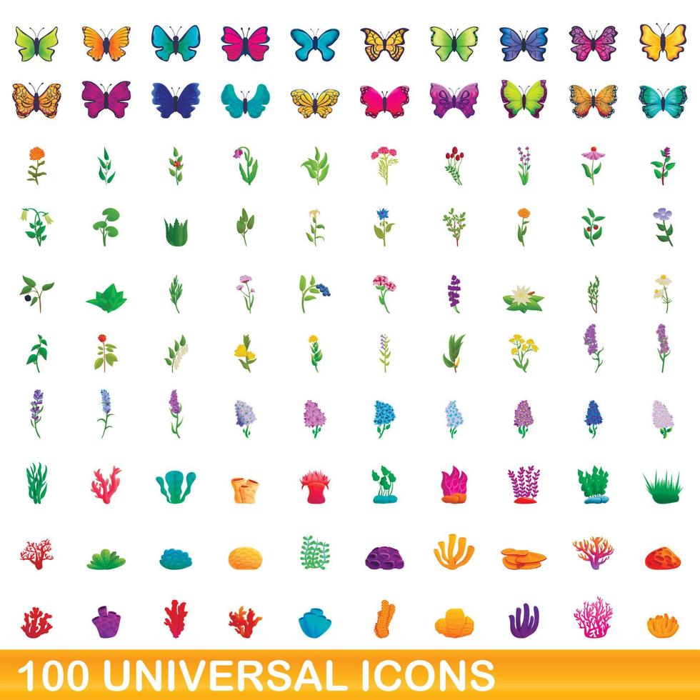 100 iconos universales, estilo de dibujos animados vector