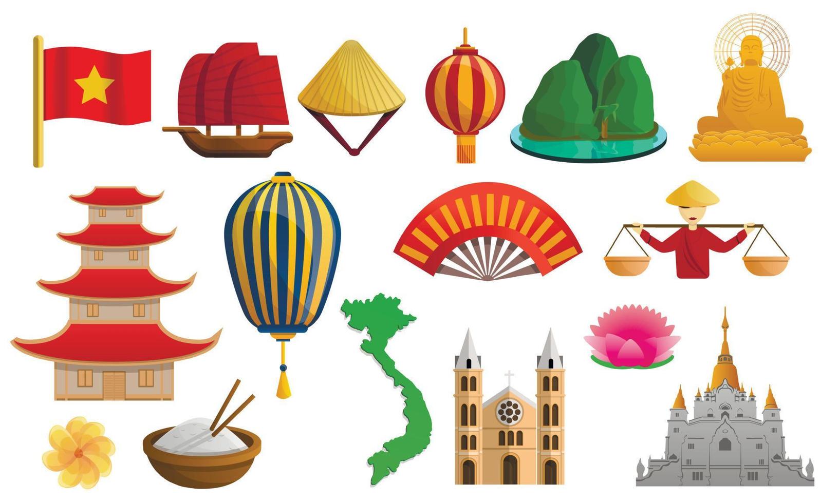 Vietnam icon set, cartoon style vector