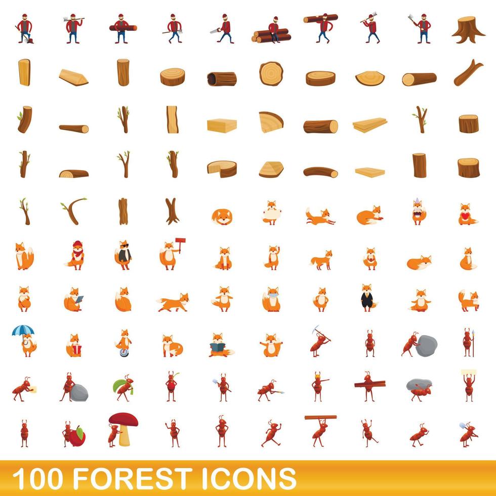 100 iconos de bosque, estilo de dibujos animados vector