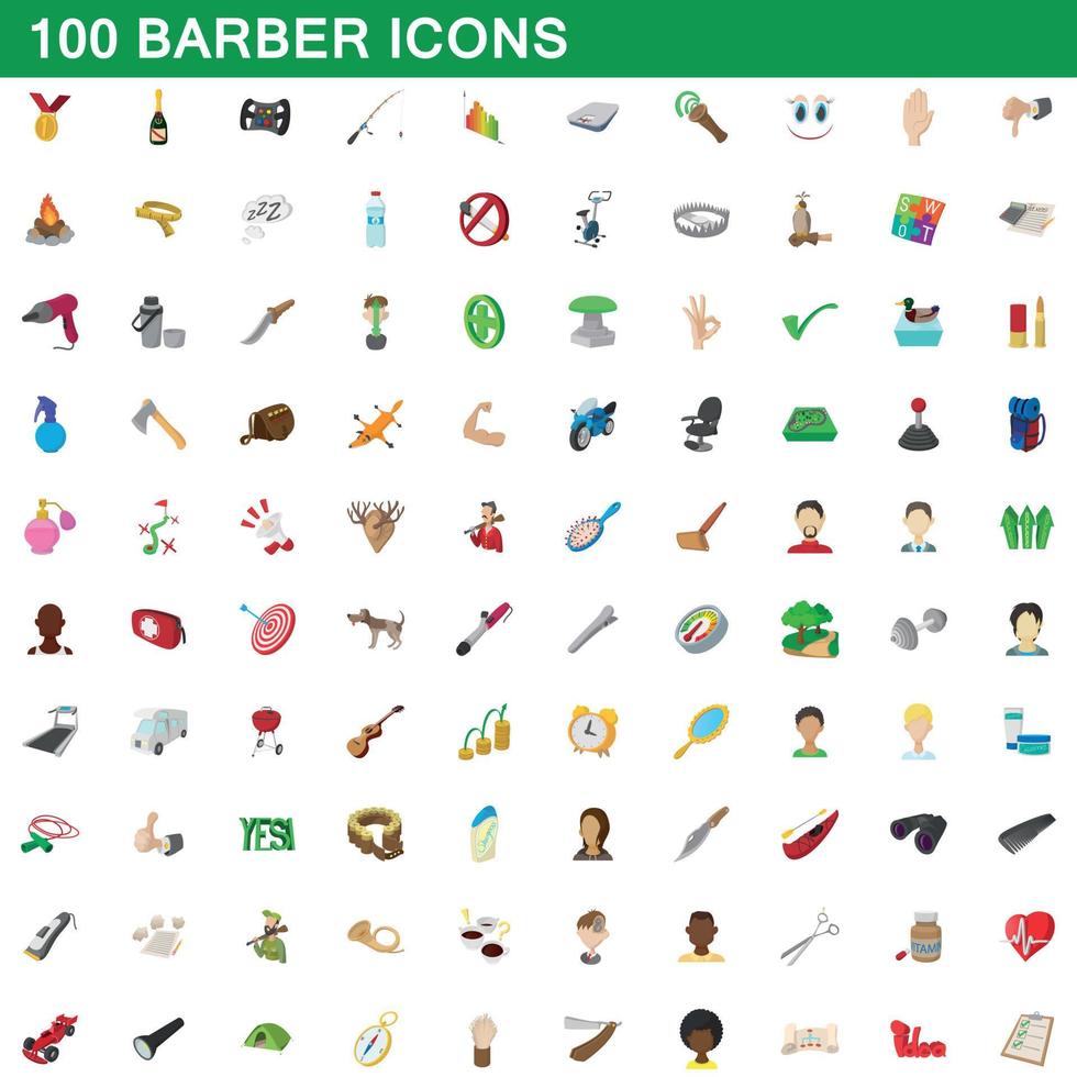 100 barber icons set, cartoon style vector