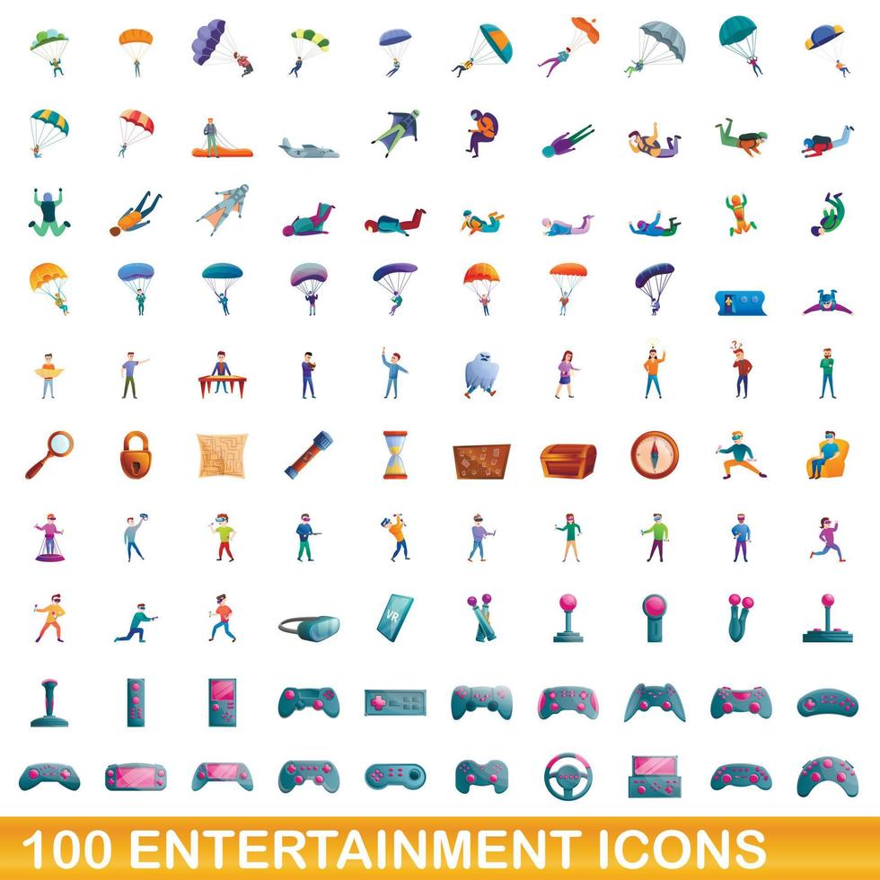 100 entertainment icons set, cartoon style vector