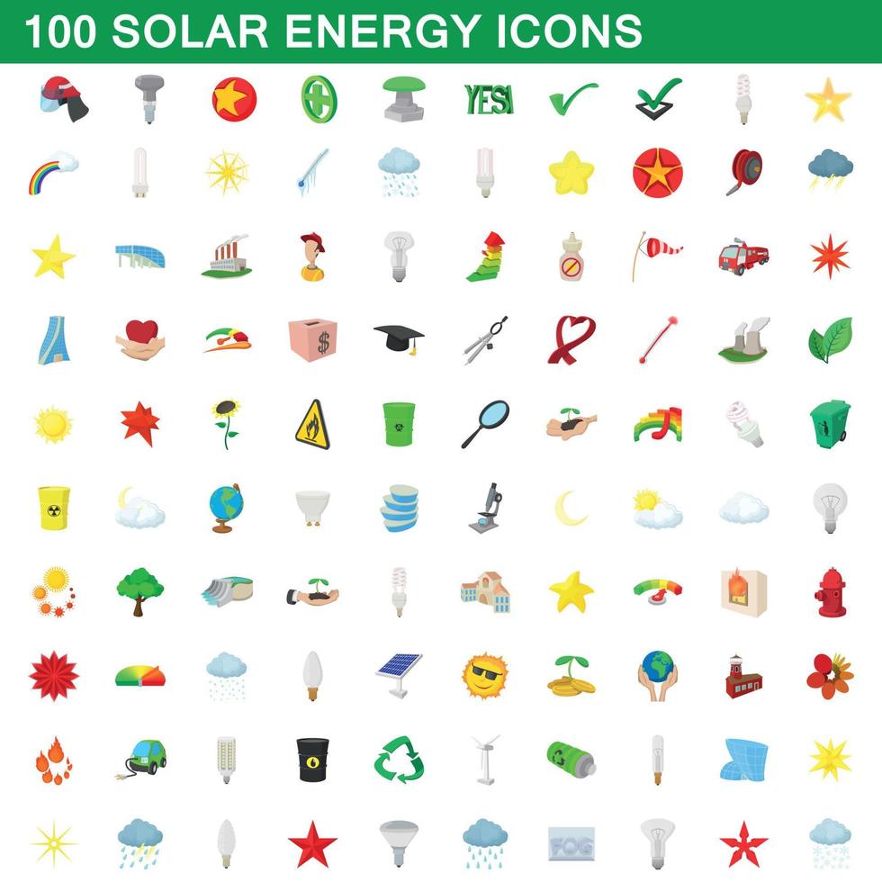 100 solar energy icons set, cartoon style vector