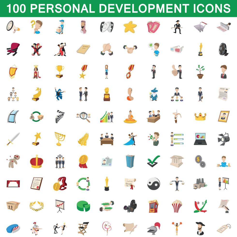 100 iconos de desarrollo personal, estilo de dibujos animados vector