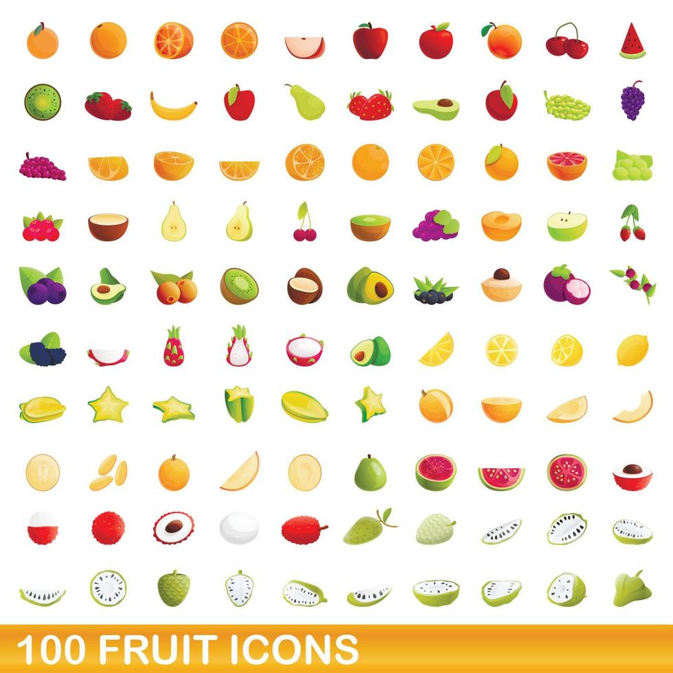 100 fruit icons set, cartoon style vector