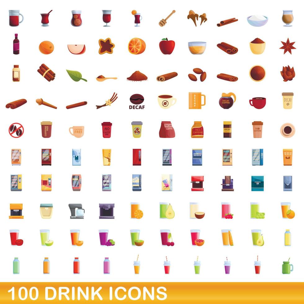 100 iconos de bebidas, estilo de dibujos animados vector