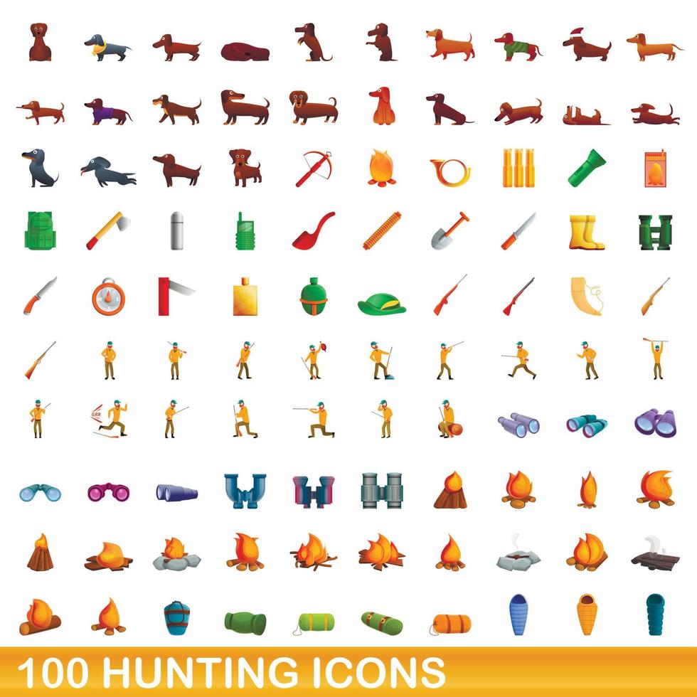 100 hunting icons set, cartoon style vector