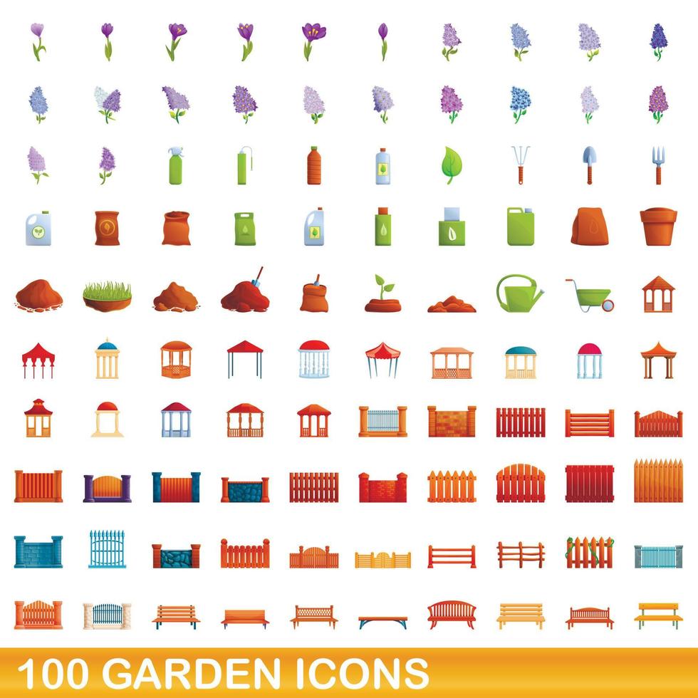 100 iconos de jardín, estilo de dibujos animados vector