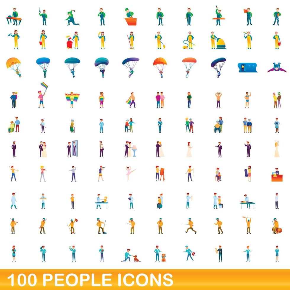 100 people icons set, cartoon style vector