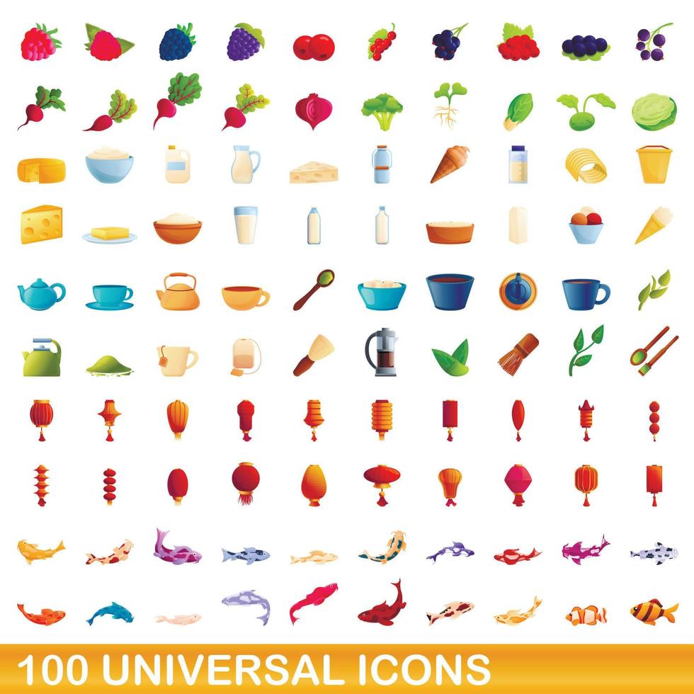 100 universal icons set, cartoon style vector