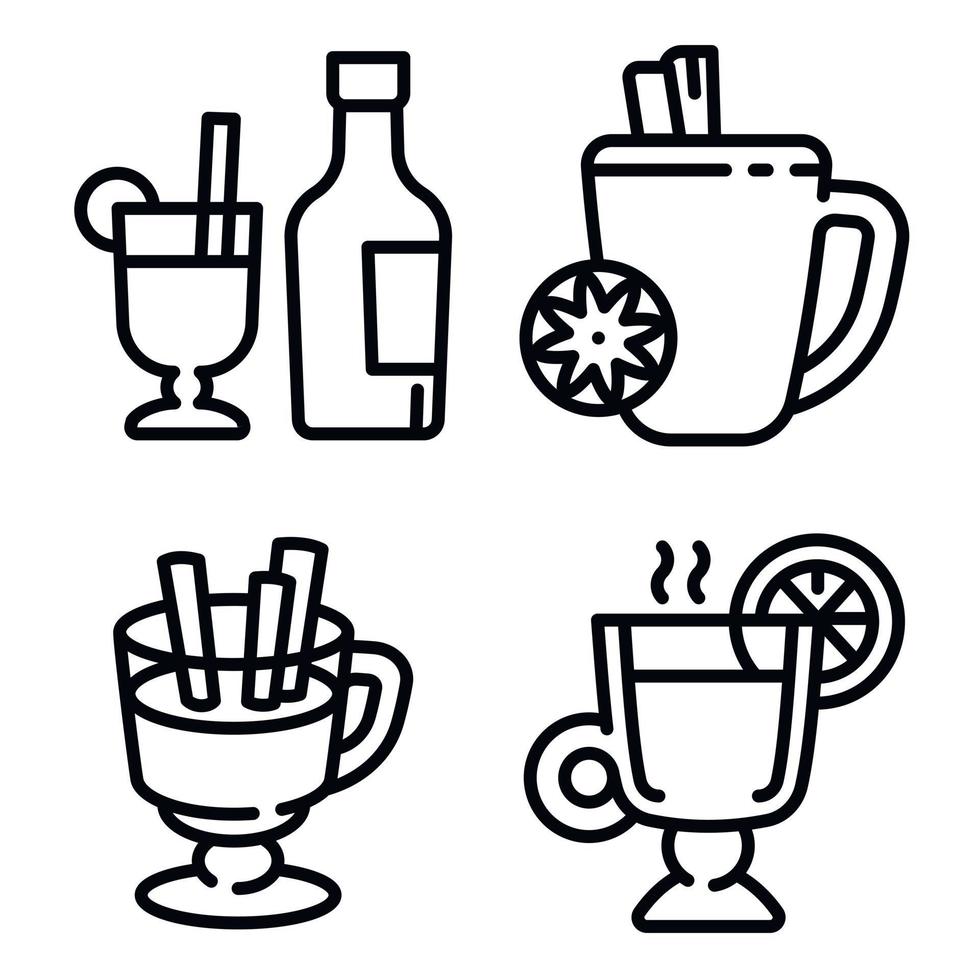 conjunto de iconos de vino caliente, estilo de esquema vector