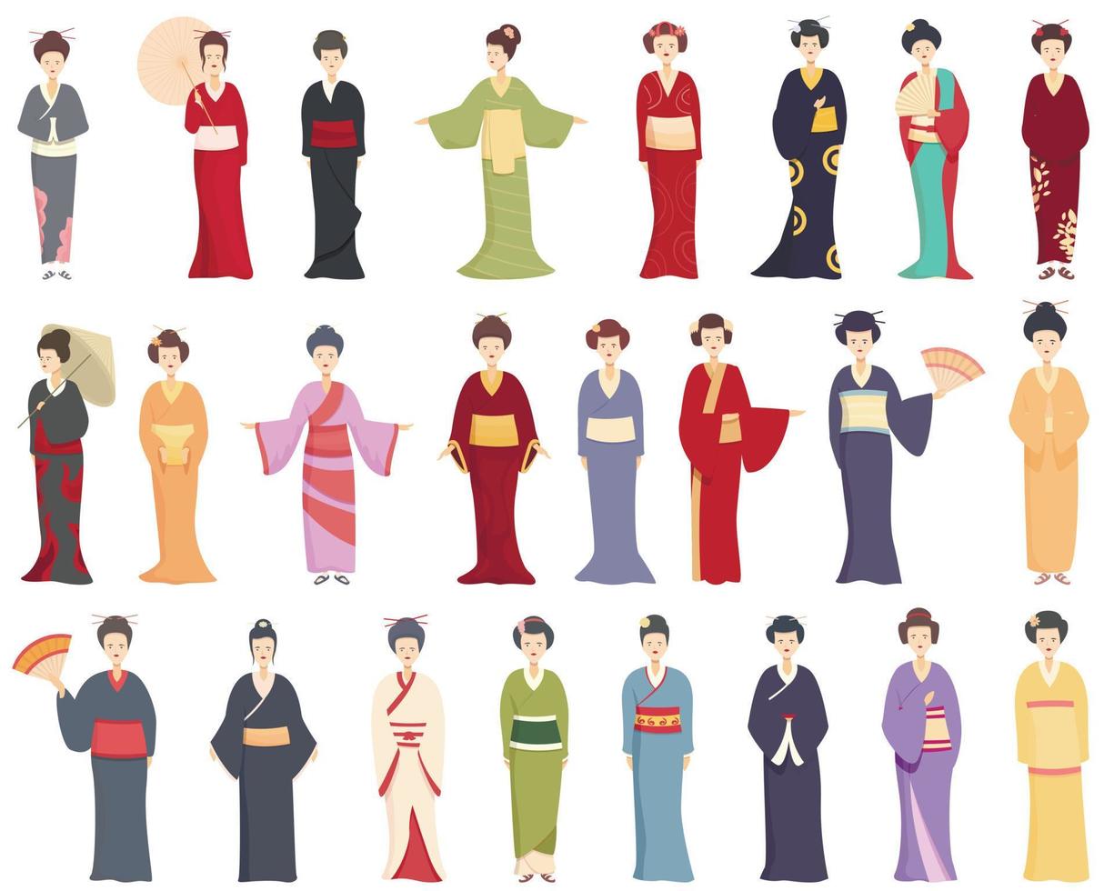 Geisha icons set cartoon vector. Japanese girl vector