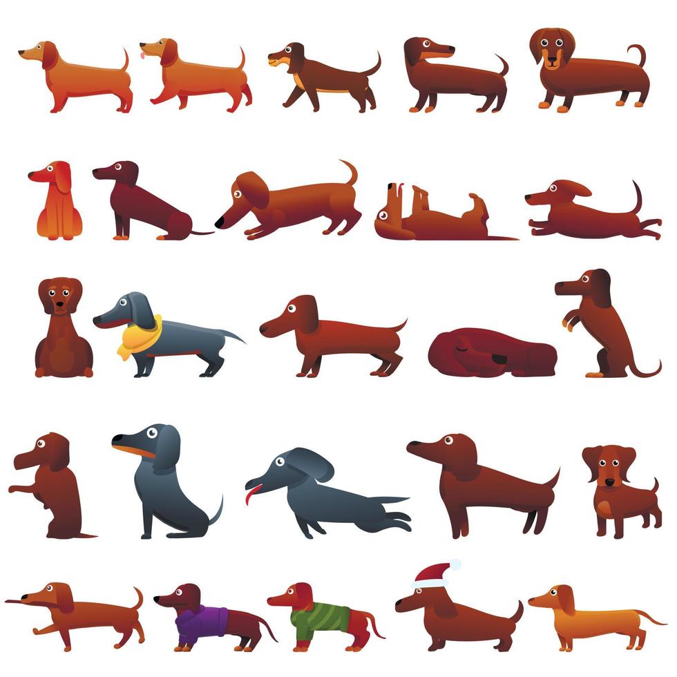 Dachshund icons set, cartoon style vector