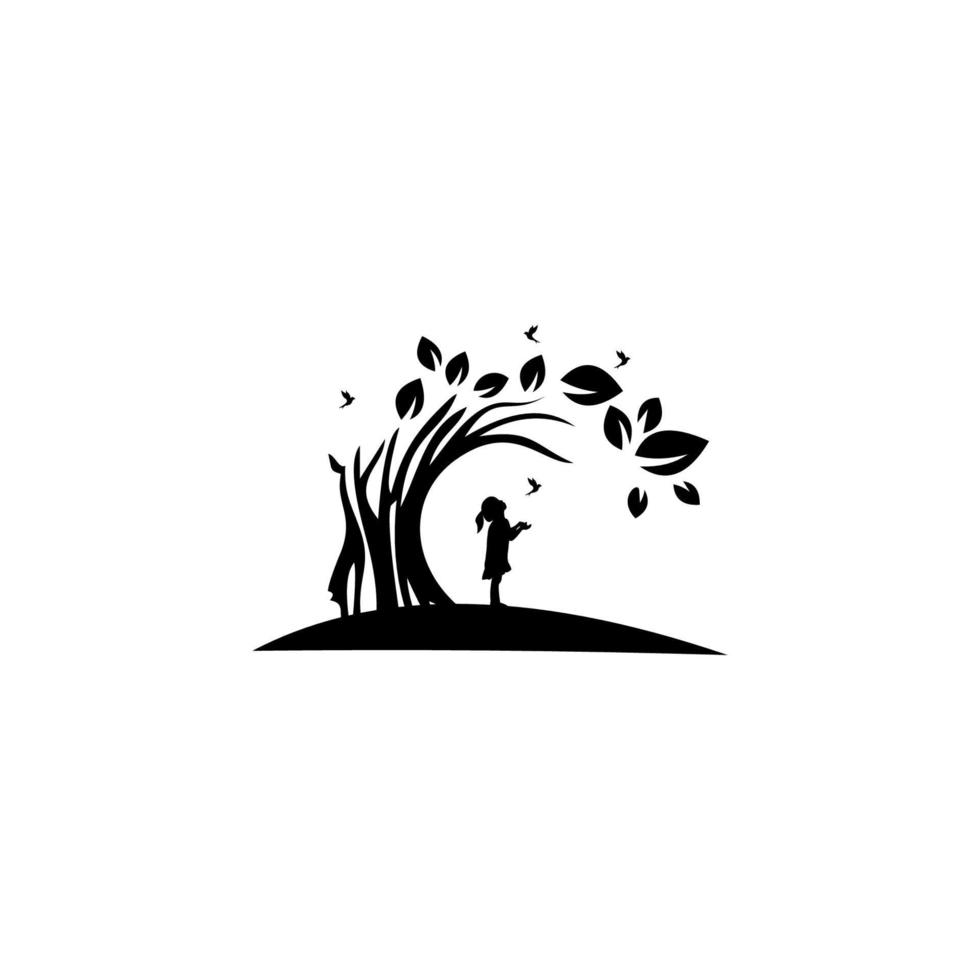 Girl playing with birds under tree, Logo Template isolated on white vector