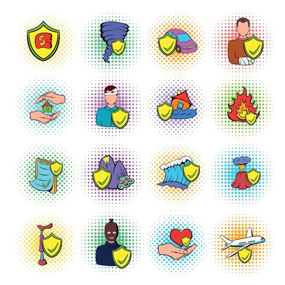 Insurance icons set, pop-art style vector