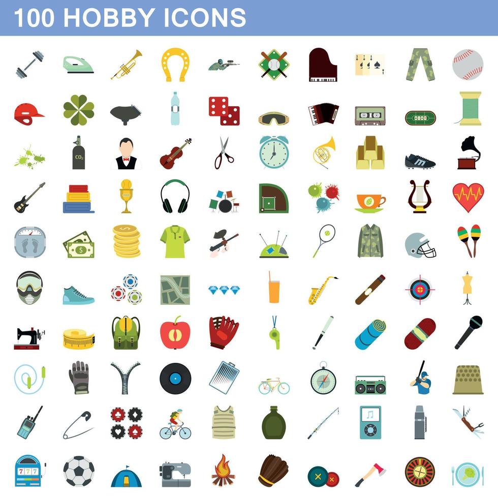 100 hobby icons set, flat style vector