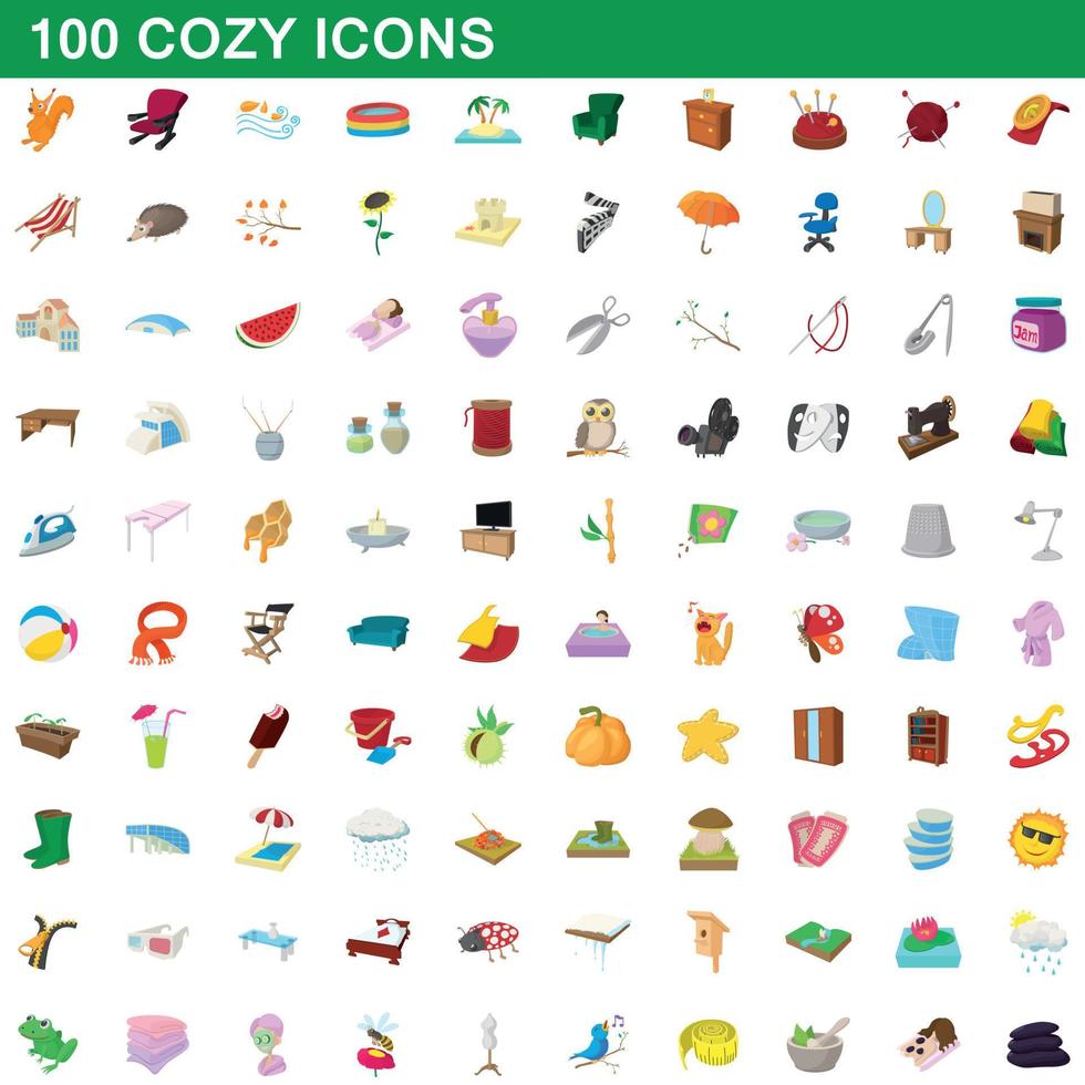 100 cozy icons set, cartoon style vector