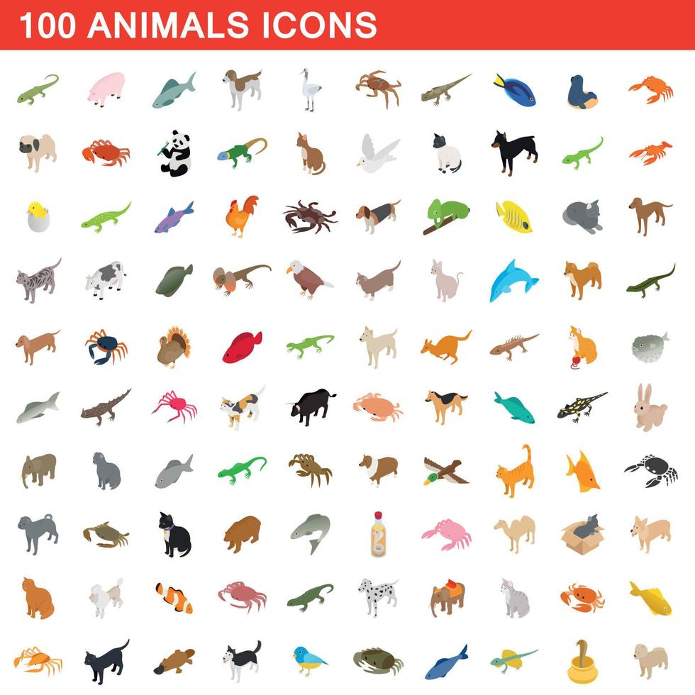 100 animals icons set, isometric 3d style vector