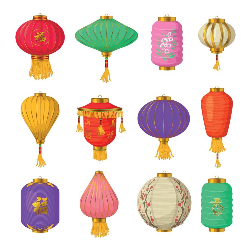 Chinese paper lanterns icons set, cartoon style vector