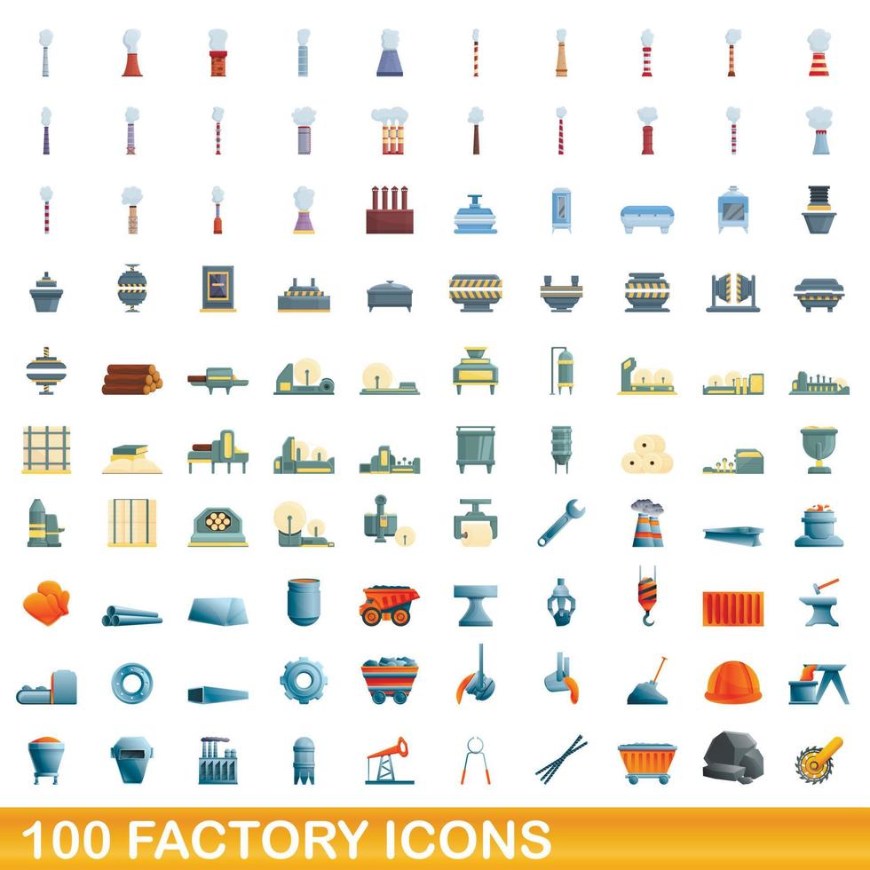 100 factory icons set, cartoon style vector
