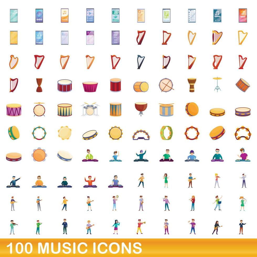 100 iconos de música, estilo de dibujos animados vector