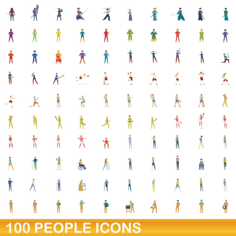 100 people icons set, cartoon style vector