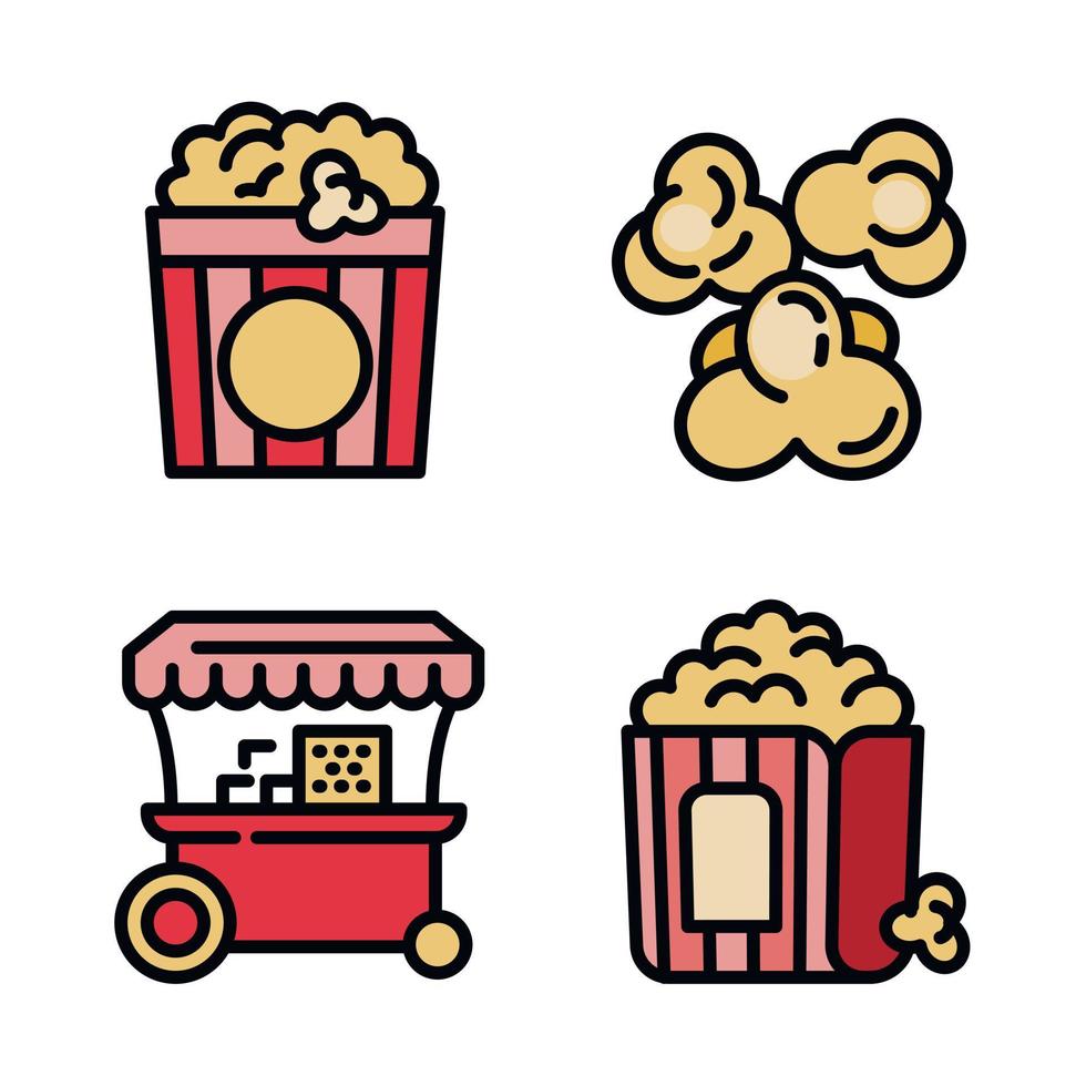 Popcorn icons set, outline style vector