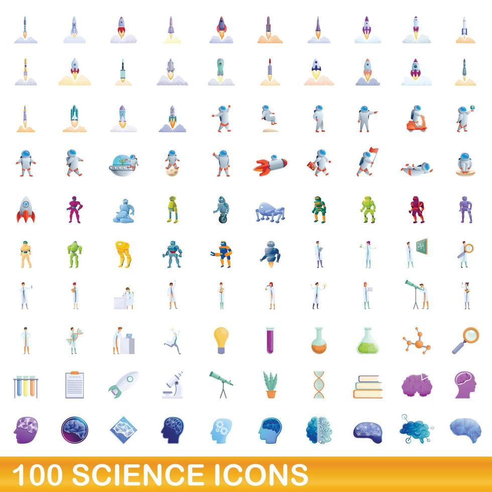 100 science icons set, cartoon style vector