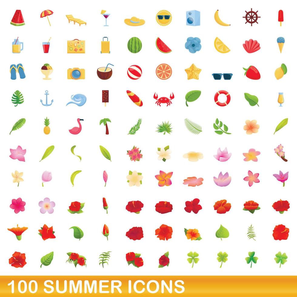 100 summer icons set, cartoon style vector
